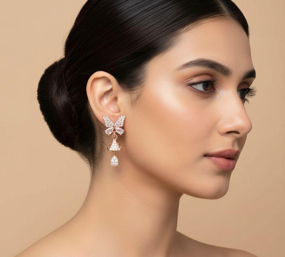 Forevershine Anti Tarnish Rose Gold Plated Butterfly Stud Cz Jhumki Drop Earrings Jewellery|gifts|wedding And Christmas Gifts|lightweight|gift For Her|for Women & Girls - Image 2