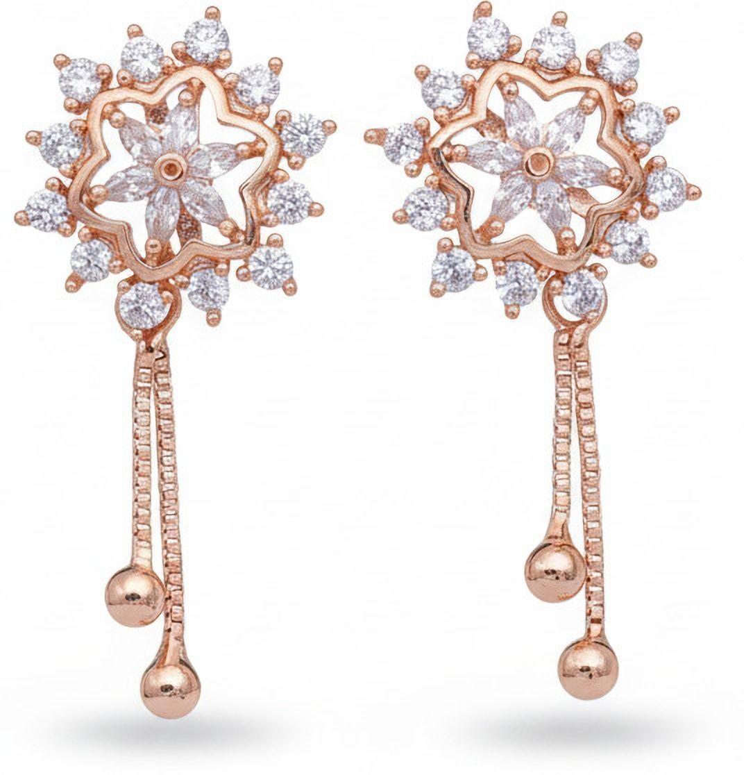 Forevershine Anti Tarnish Rose Gold Long Earrings, Floral Star Design With Cubic Zirconia, Dangle Drop Style, 31x15mm|lightweight|gift For Her|for Women & Girls - Image 4