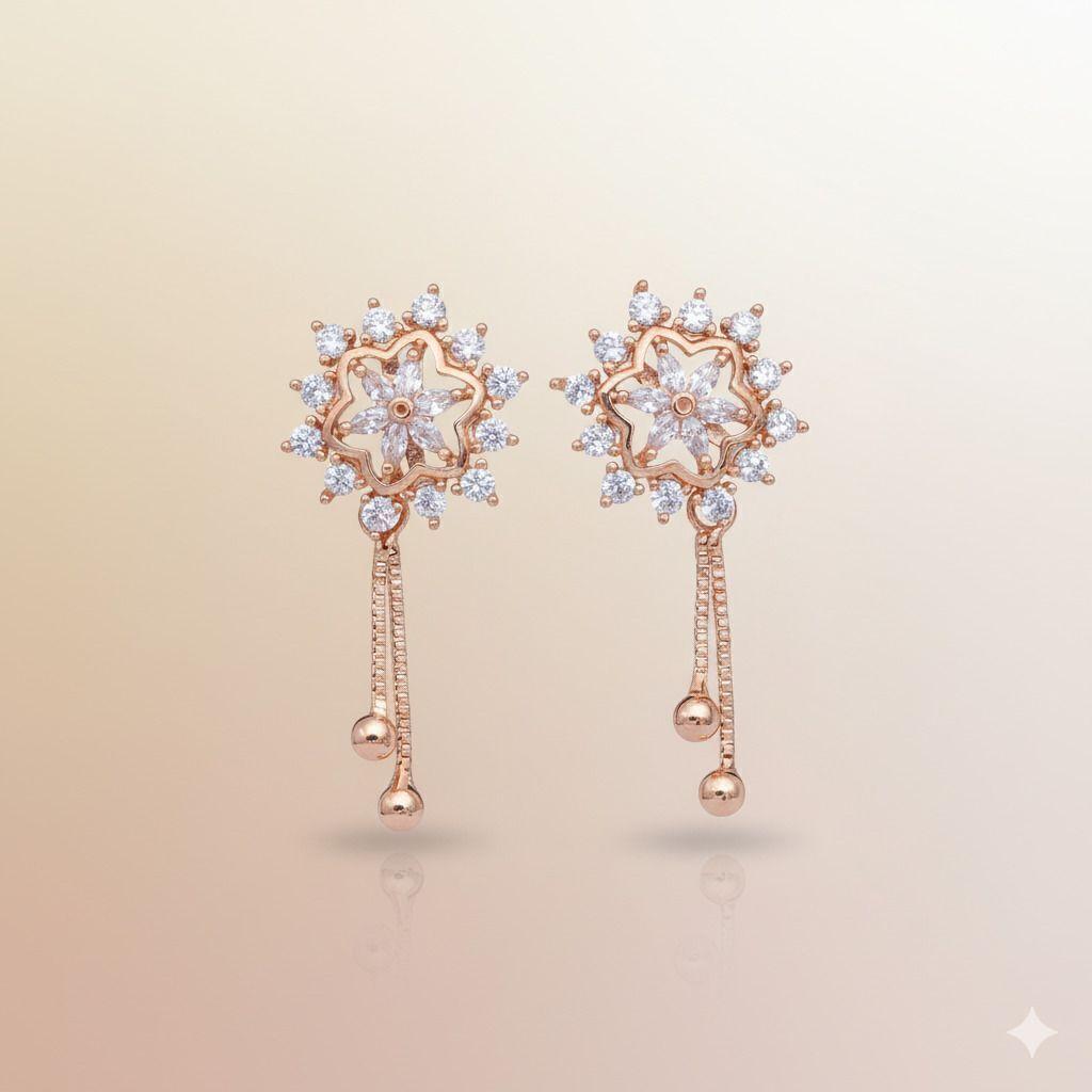 Forevershine Anti Tarnish Rose Gold Long Earrings, Floral Star Design With Cubic Zirconia, Dangle Drop Style, 31x15mm|lightweight|gift For Her|for Women & Girls