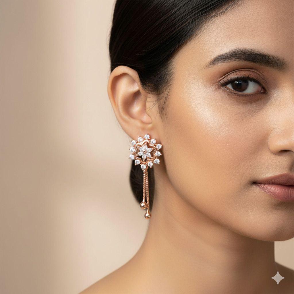Forevershine Anti Tarnish Rose Gold Long Earrings, Floral Star Design With Cubic Zirconia, Dangle Drop Style, 31x15mm|lightweight|gift For Her|for Women & Girls - Image 2