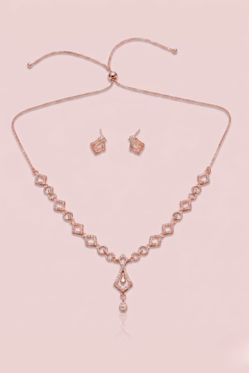 Forevershine Rose Gold Necklace And Earrings Set, Adjustable Chain With Crystal Embellished Geometric Design, Matching Stud Earrings|lightweight | Hypoallergenic |anti Tarnish|stylish Jewelry For Women & Girls - Image 4