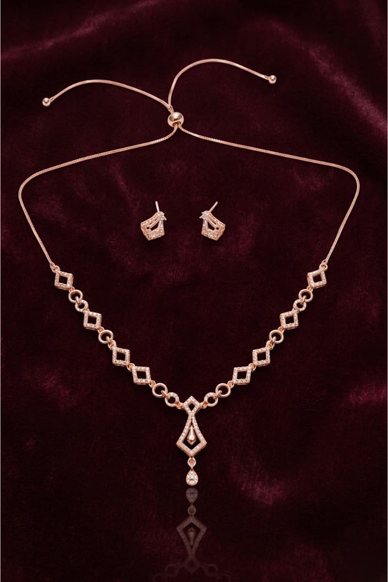 Forevershine Rose Gold Necklace And Earrings Set, Adjustable Chain With Crystal Embellished Geometric Design, Matching Stud Earrings|lightweight | Hypoallergenic |anti Tarnish|stylish Jewelry For Women & Girls - Image 3
