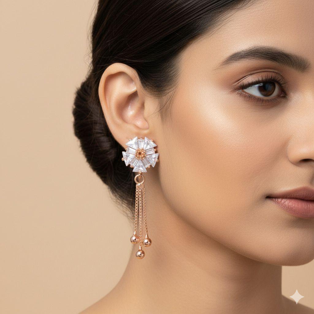 Forevershine Anti Tarnish Rose Gold Crystal Flower Long Earrings, Tassel Drop Dangle, Baguette Stone Stud, Premium Ad Jewelry|lightweight|gift For Her|for Women & Girls - Image 2