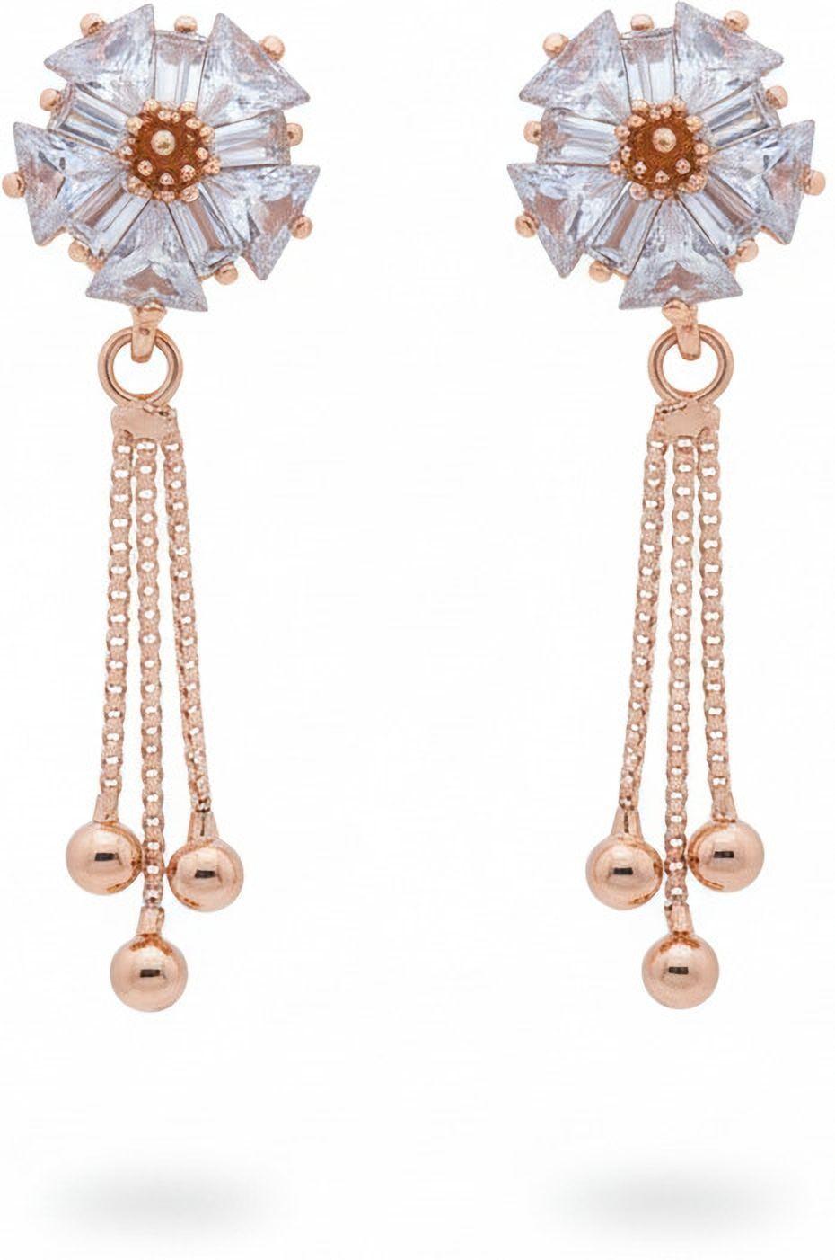 Forevershine Anti Tarnish Rose Gold Crystal Flower Long Earrings, Tassel Drop Dangle, Baguette Stone Stud, Premium Ad Jewelry|lightweight|gift For Her|for Women & Girls - Image 4