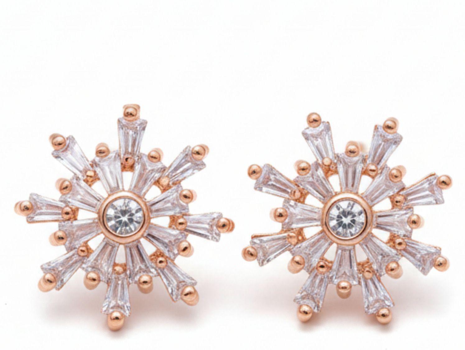 Forevershine Anti Tarnish Rose Gold Starburst Stud Earrings, Cubic Zirconia, Baguette Cut Stones, Center Round Stone|lightweight|gift For Her|for Women & Girls - Image 4