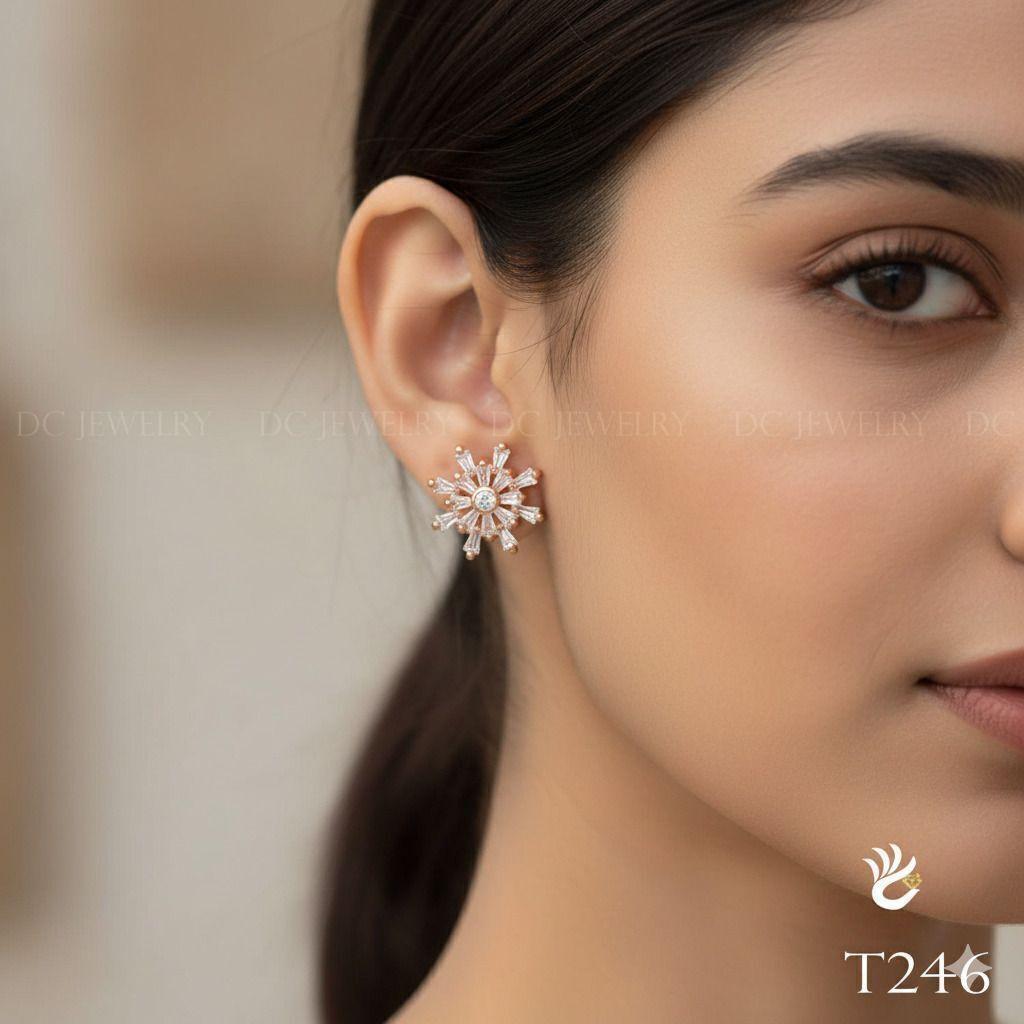 Forevershine Anti Tarnish Rose Gold Starburst Stud Earrings, Cubic Zirconia, Baguette Cut Stones, Center Round Stone|lightweight|gift For Her|for Women & Girls - Image 2