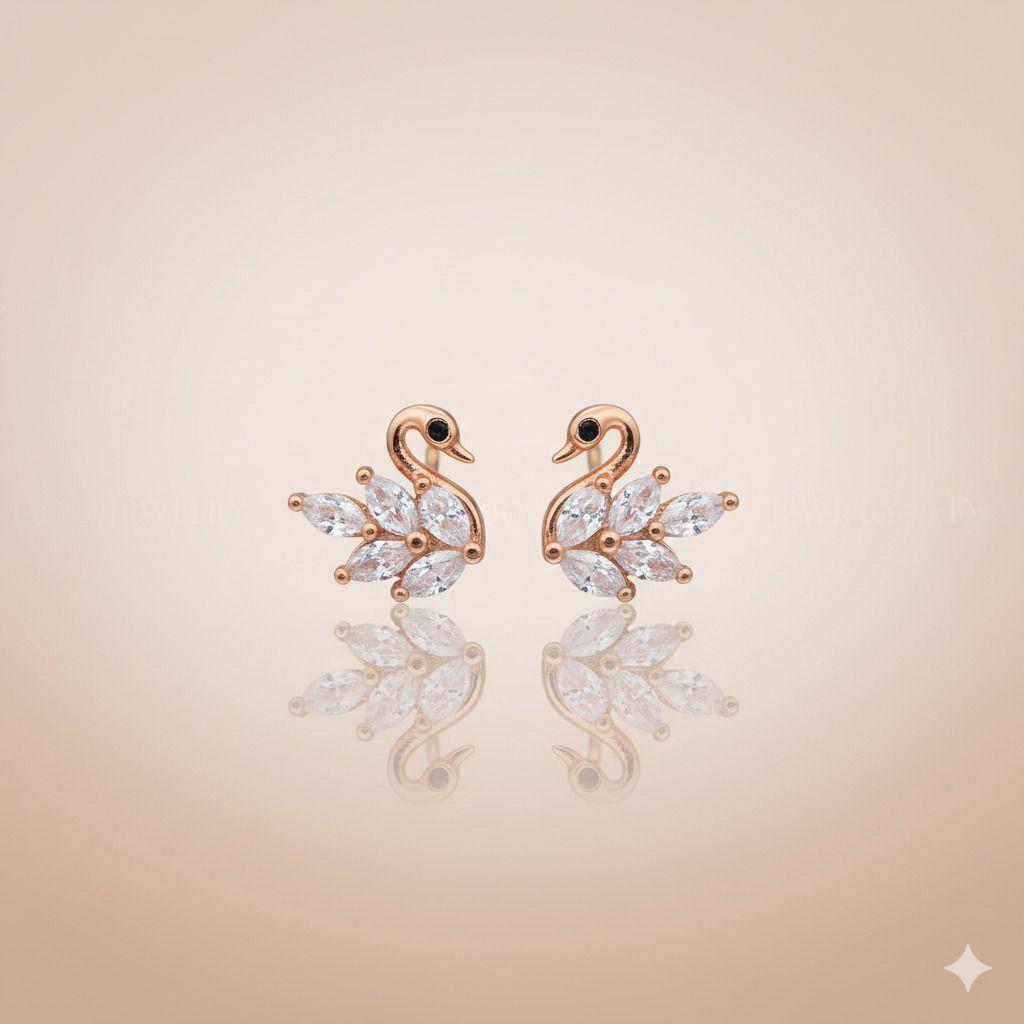 Forevershine Anti Tarnish Rose Gold Swan Stud Earrings With Cubic Zirconia, Black Stone Eyes|lightweight|gift For Her|skin Friendly & Hypoallergenic|stylish Jewelry For Women & Girls