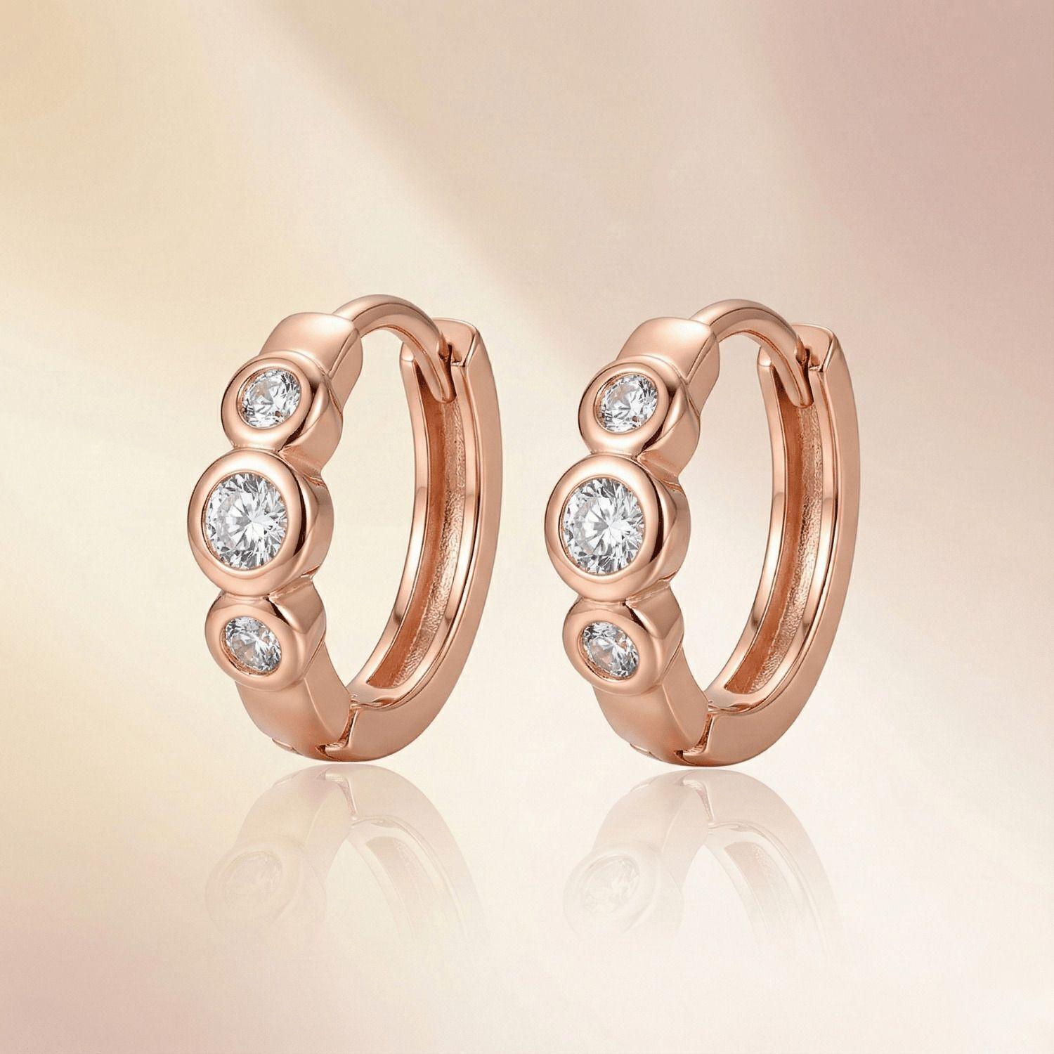 Forevershine Rose Gold Cz Hoop Earrings, Three Stone Bezel Set, Cubic Zirconia, Huggie Style, Premium Jewelry