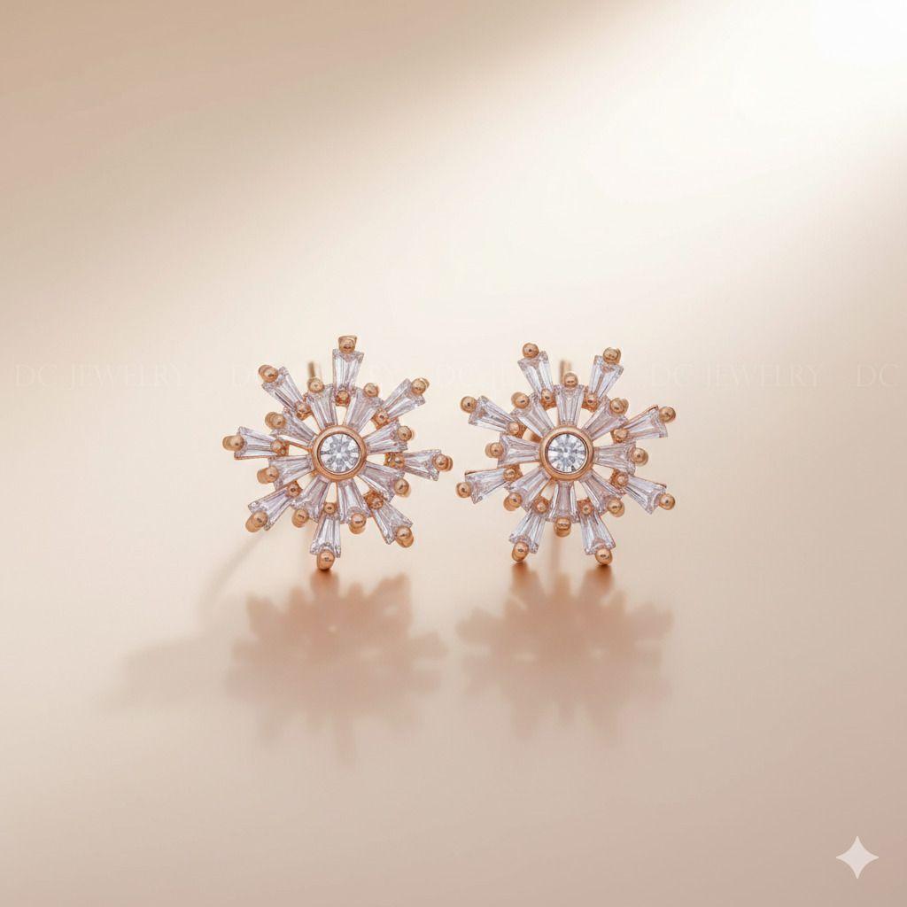 Forevershine Anti Tarnish Rose Gold Starburst Stud Earrings, Cubic Zirconia, Baguette Cut Stones, Center Round Stone|lightweight|gift For Her|for Women & Girls