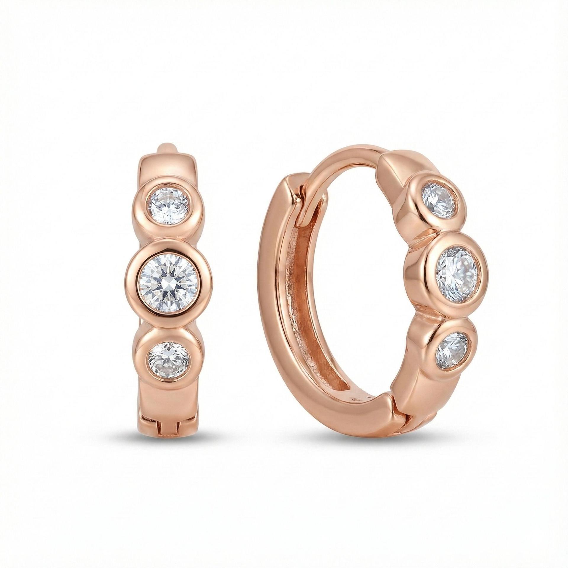 Forevershine Rose Gold Cz Hoop Earrings, Three Stone Bezel Set, Cubic Zirconia, Huggie Style, Premium Jewelry - Image 4