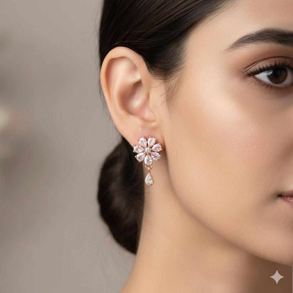 Forevershine Anti Tarnish Rose Gold Flower Stud Earrings With Teardrop Dangle, Cubic Zirconia Crystal|lightweight|gift For Her|skin Friendly & Hypoallergenic|stylish Jewelry For Women & Girls - Image 2