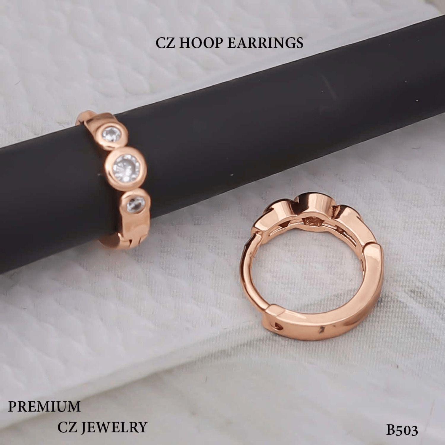 Forevershine Rose Gold Cz Hoop Earrings, Three Stone Bezel Set, Cubic Zirconia, Huggie Style, Premium Jewelry - Image 3