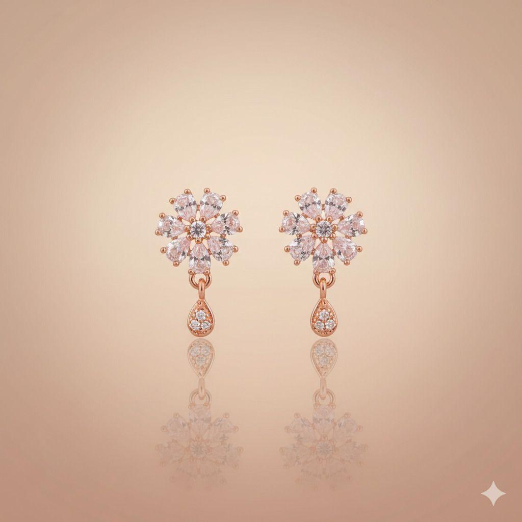 Forevershine Anti Tarnish Rose Gold Flower Stud Earrings With Teardrop Dangle, Cubic Zirconia Crystal|lightweight|gift For Her|skin Friendly & Hypoallergenic|stylish Jewelry For Women & Girls