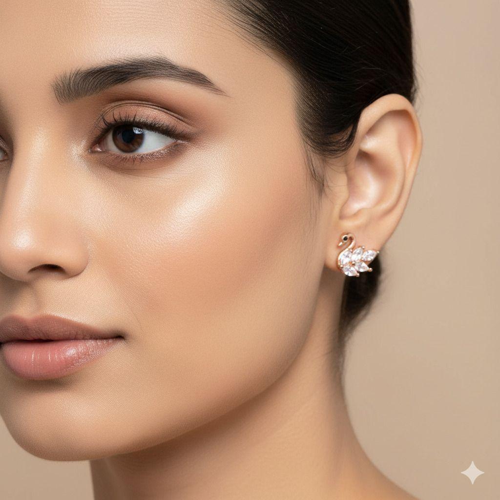 Forevershine Anti Tarnish Rose Gold Swan Stud Earrings With Cubic Zirconia, Black Stone Eyes|lightweight|gift For Her|skin Friendly & Hypoallergenic|stylish Jewelry For Women & Girls - Image 2