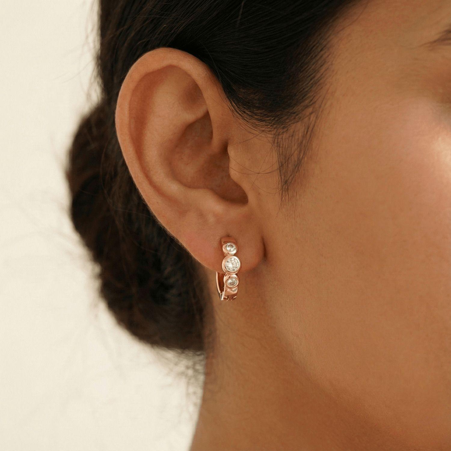 Forevershine Rose Gold Cz Hoop Earrings, Three Stone Bezel Set, Cubic Zirconia, Huggie Style, Premium Jewelry - Image 2
