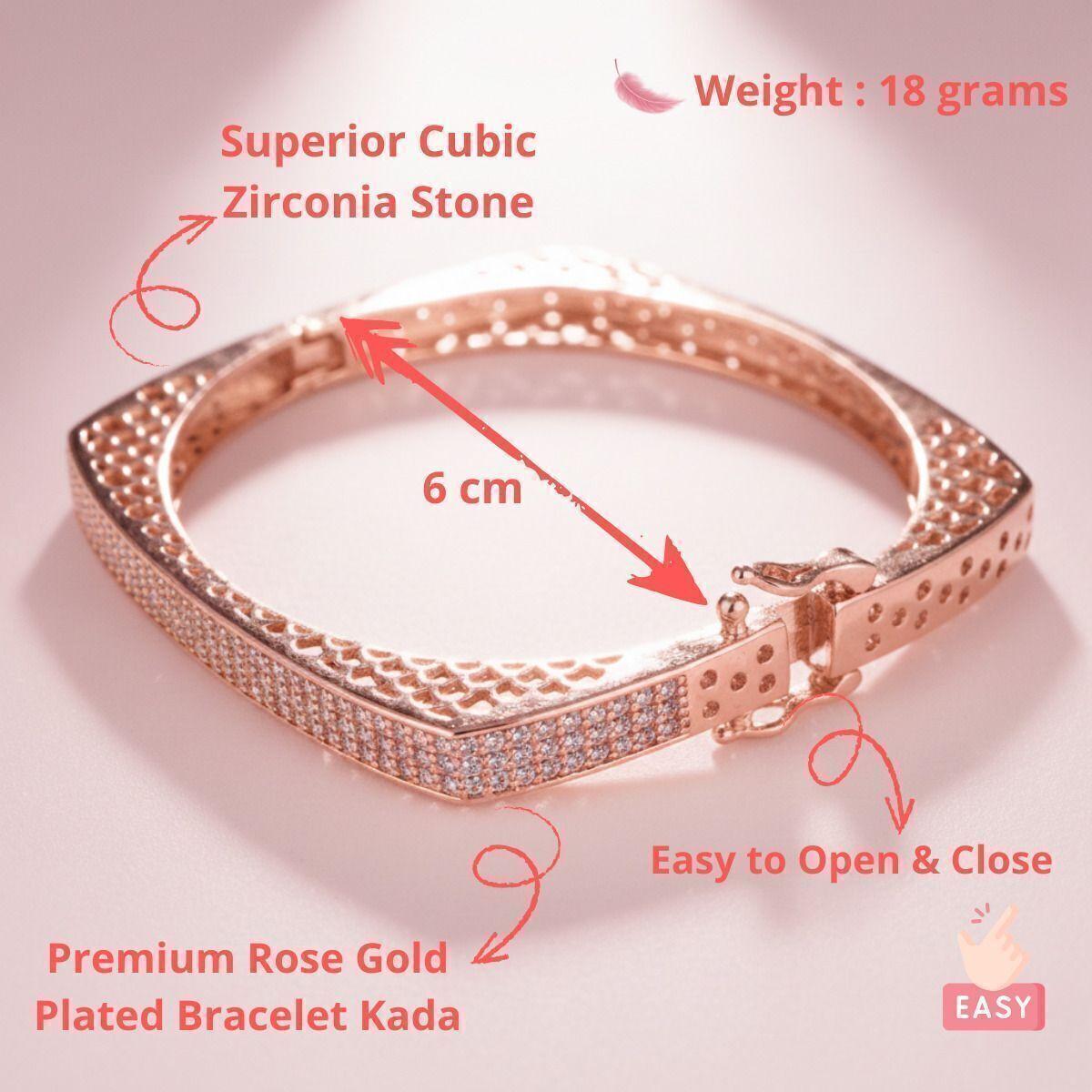 Forevershine Anti Tarnish Rose Gold Plated Cubic Zirconia Designer Bangle Bracelet Kada For Women & Girls | Lightweight Minimal Bracelet | Hinged Clasp 6 Cm Diameter Elegant Jewelry Gift - Image 4