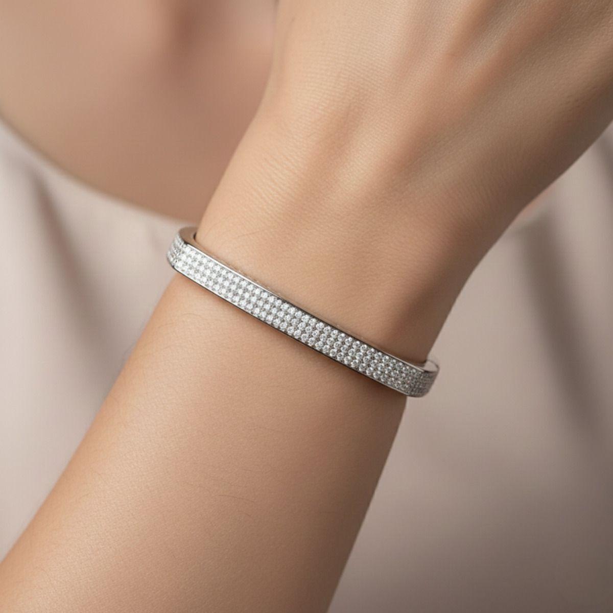 Forevershine Anti Tarnish Rhodiom Plated Cubic Zirconia Designer Bangle Bracelet Kada, Hinged Clasp, 6 Cm Diameter, Minimal Style|lightweight|gift For Her|stylish Jewellery For Women & Girls