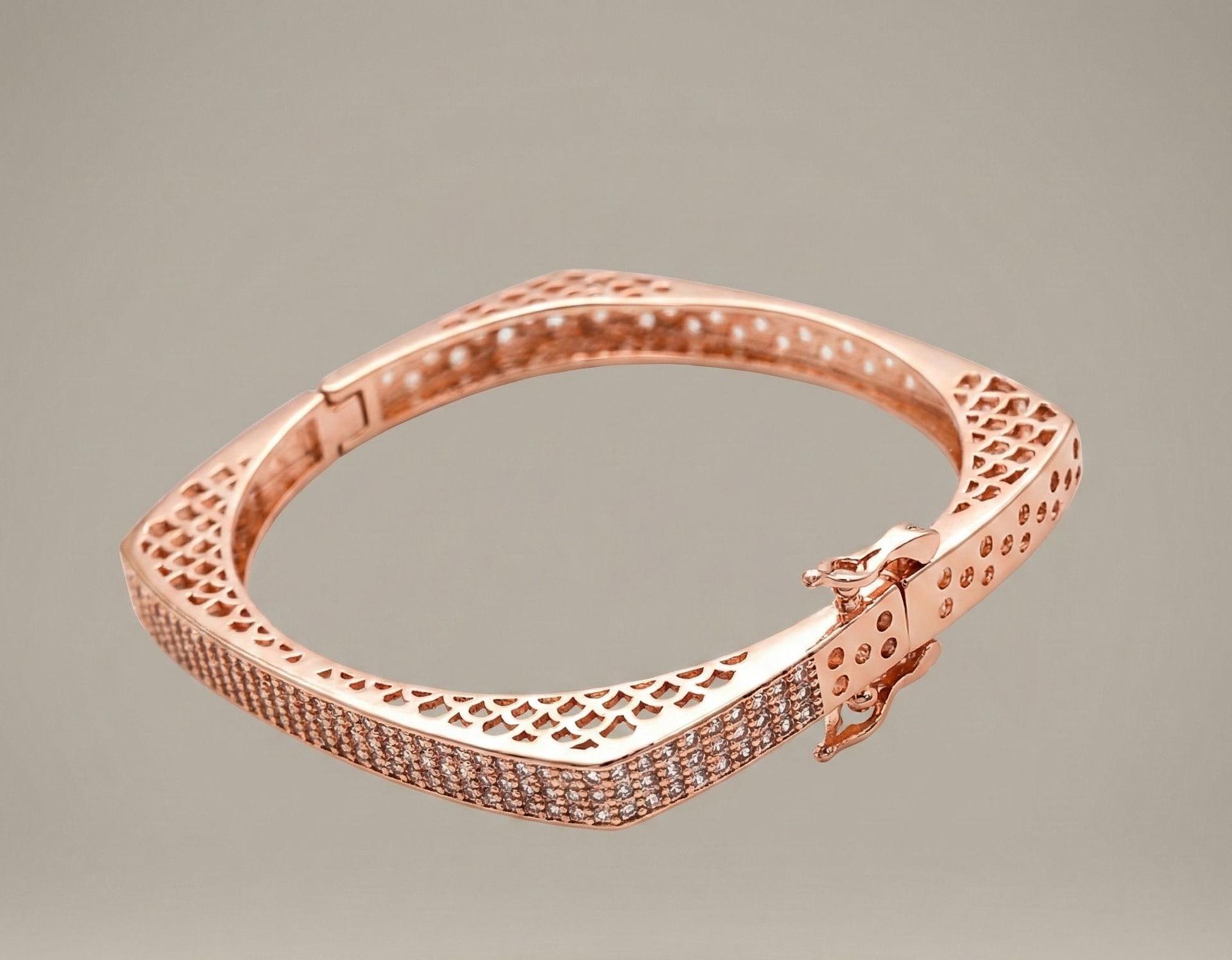 Forevershine Anti Tarnish Rose Gold Plated Cubic Zirconia Designer Bangle Bracelet Kada For Women & Girls | Lightweight Minimal Bracelet | Hinged Clasp 6 Cm Diameter Elegant Jewelry Gift