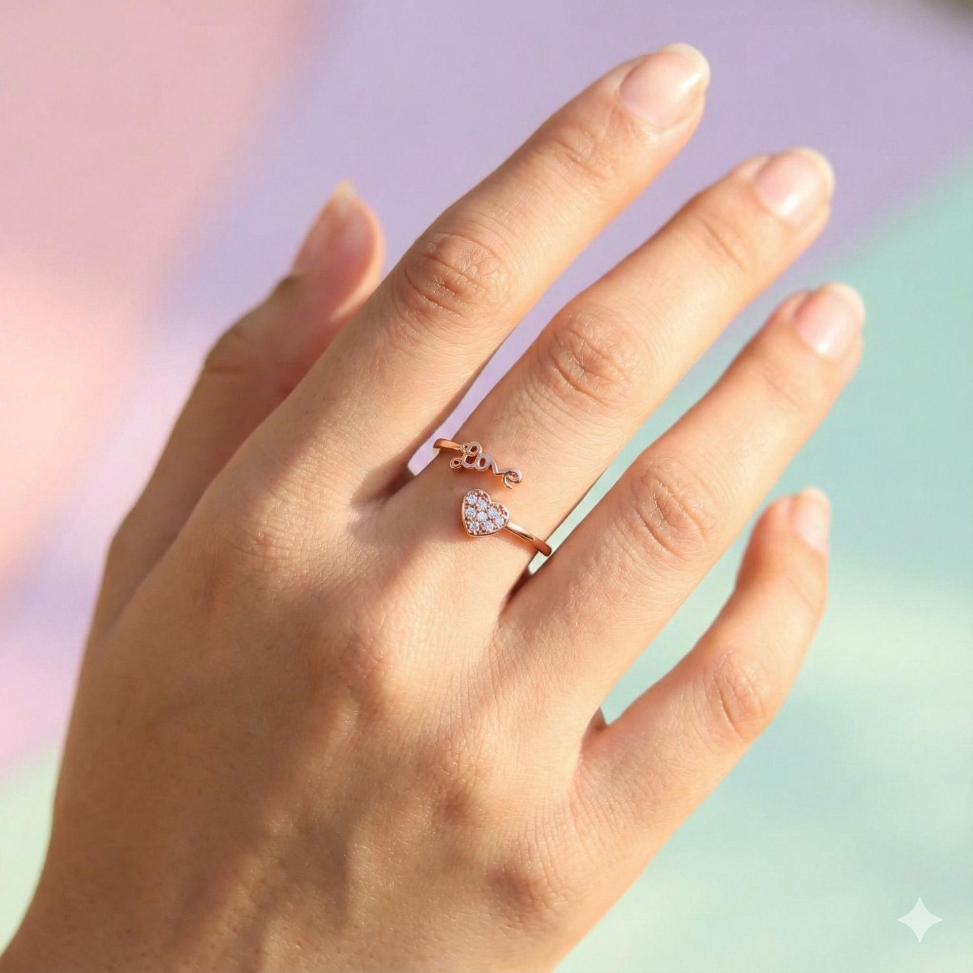 Forevershine Anti Tarnish Rose Gold Love Heart Ring, Open Adjustable Design, Cubic Zirconia Stones, Fashion Jewelry|lightweight|gift For Her|for Women & Girls - Image 2