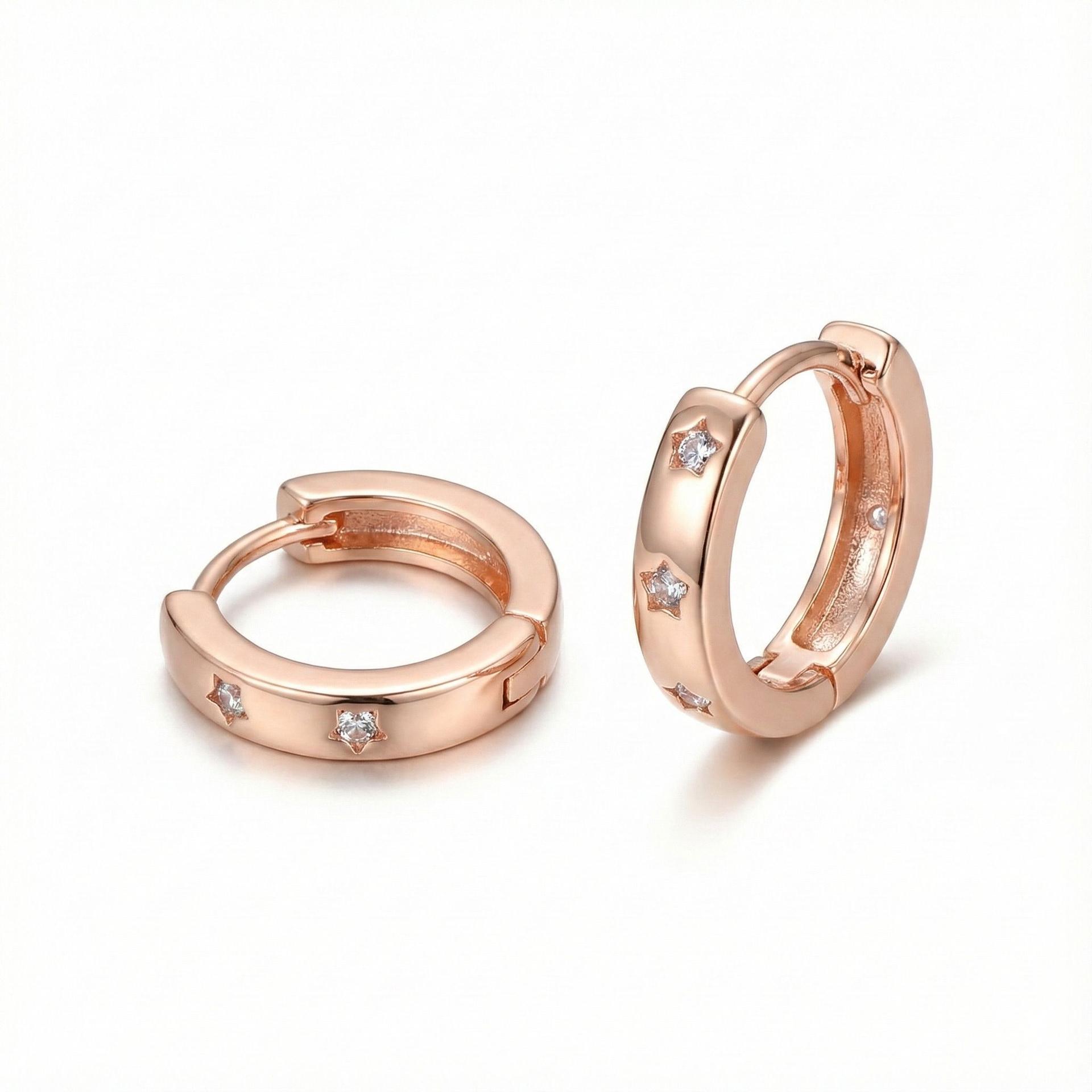Forevershine Rose Gold Hoop Earrings With Star-Set Crystals, Huggie Style, Hinged Clasp - Image 4