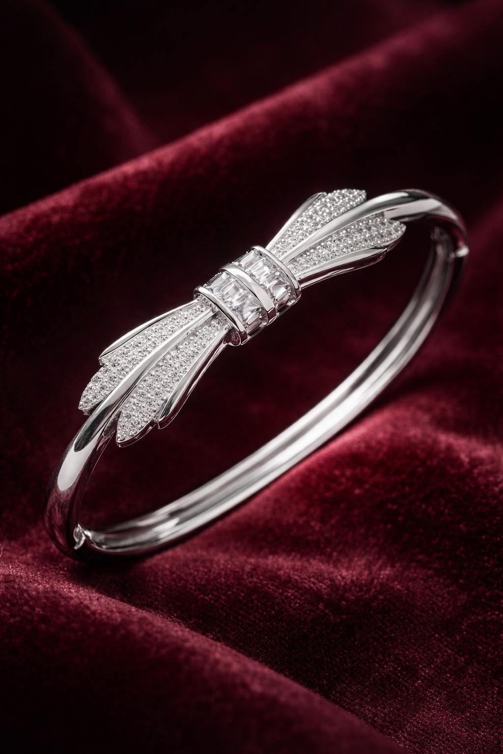 Forevershine Bow Bracelet, Alloy, Women & Girls, American Diamond Baguette Stone Design, Adult, Free Size, 100g, Rhodium Plated, 8 Cm - Image 3
