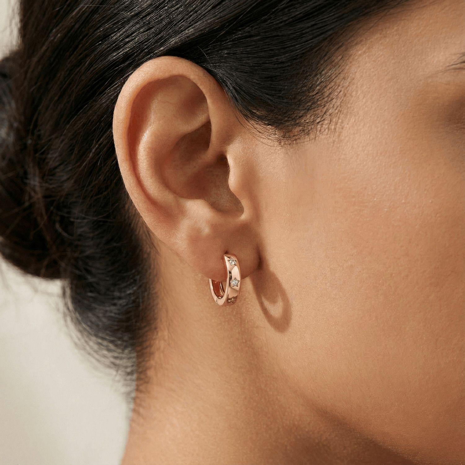 Forevershine Rose Gold Hoop Earrings With Star-Set Crystals, Huggie Style, Hinged Clasp - Image 2