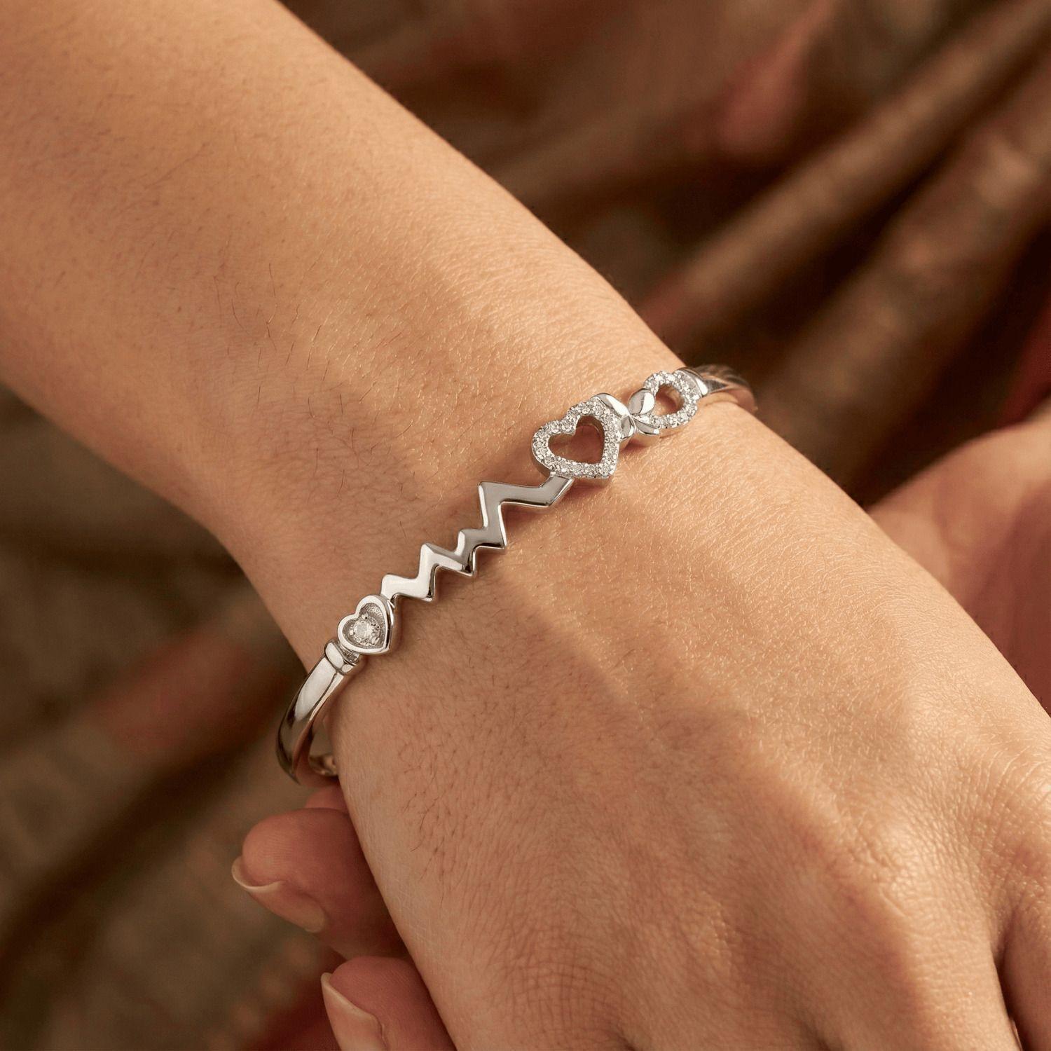 Forevershine Rhodium Plated Bracelet, Alloy, Women & Girls, Heartbeat Pulse & Heart Design With American Diamond, Free Size