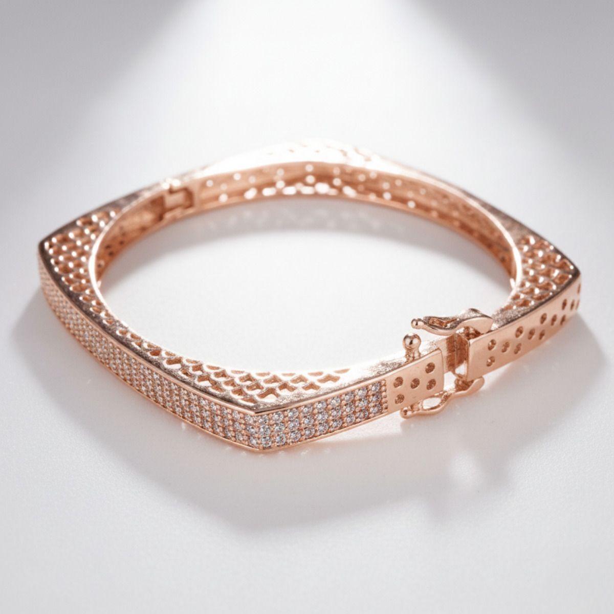 Forevershine Anti Tarnish Rose Gold Plated Cubic Zirconia Designer Bangle Bracelet Kada For Women & Girls | Lightweight Minimal Bracelet | Hinged Clasp 6 Cm Diameter Elegant Jewelry Gift - Image 2
