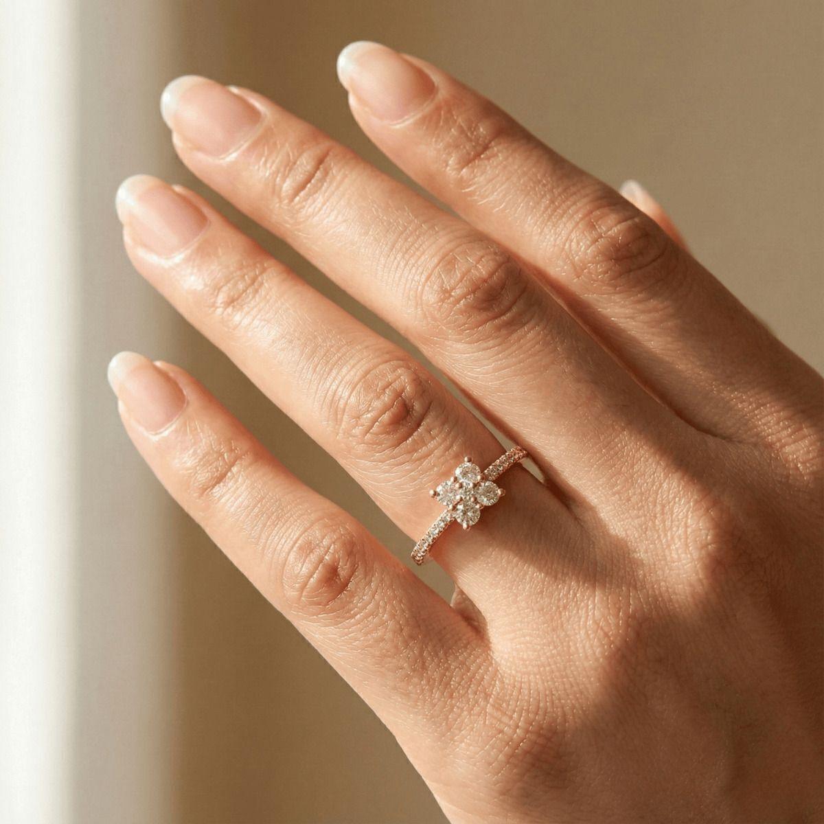 Forevershine Anti Tarnish Rose Gold Cluster Ring With Four Stone Cubic Zirconia Design | Pave Band Engagement Style | Lightweight Hypoallergenic Jewellery Gift For Women & Girls - Image 2