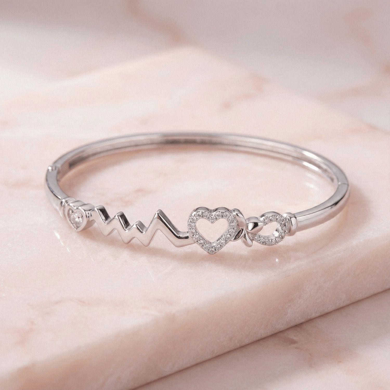 Forevershine Rhodium Plated Bracelet, Alloy, Women & Girls, Heartbeat Pulse & Heart Design With American Diamond, Free Size - Image 2