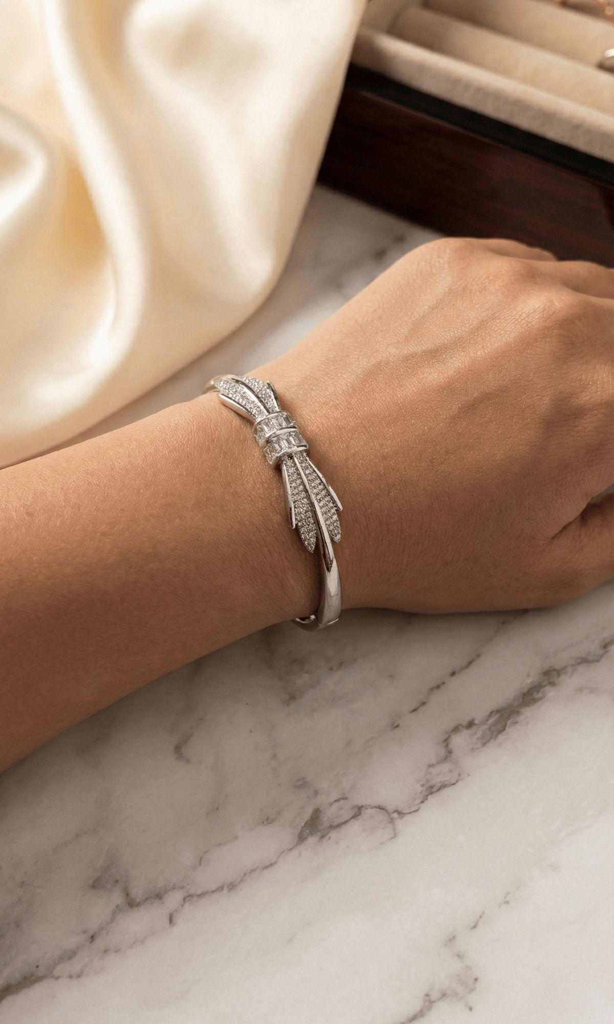 Forevershine Bow Bracelet, Alloy, Women & Girls, American Diamond Baguette Stone Design, Adult, Free Size, 100g, Rhodium Plated, 8 Cm - Image 2