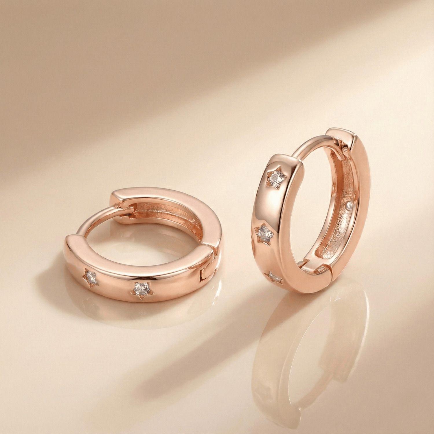 Forevershine Rose Gold Hoop Earrings With Star-Set Crystals, Huggie Style, Hinged Clasp