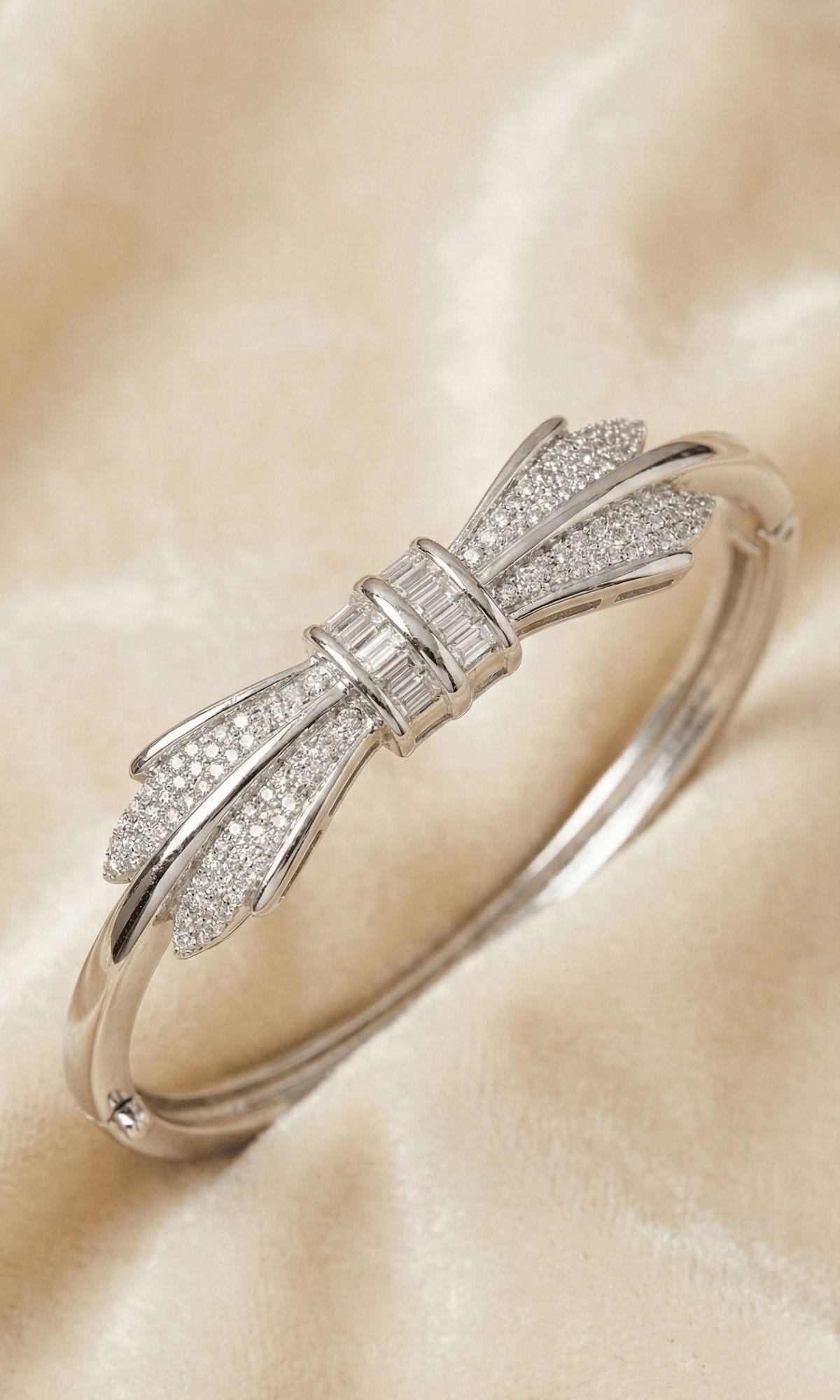 Forevershine Bow Bracelet, Alloy, Women & Girls, American Diamond Baguette Stone Design, Adult, Free Size, 100g, Rhodium Plated, 8 Cm