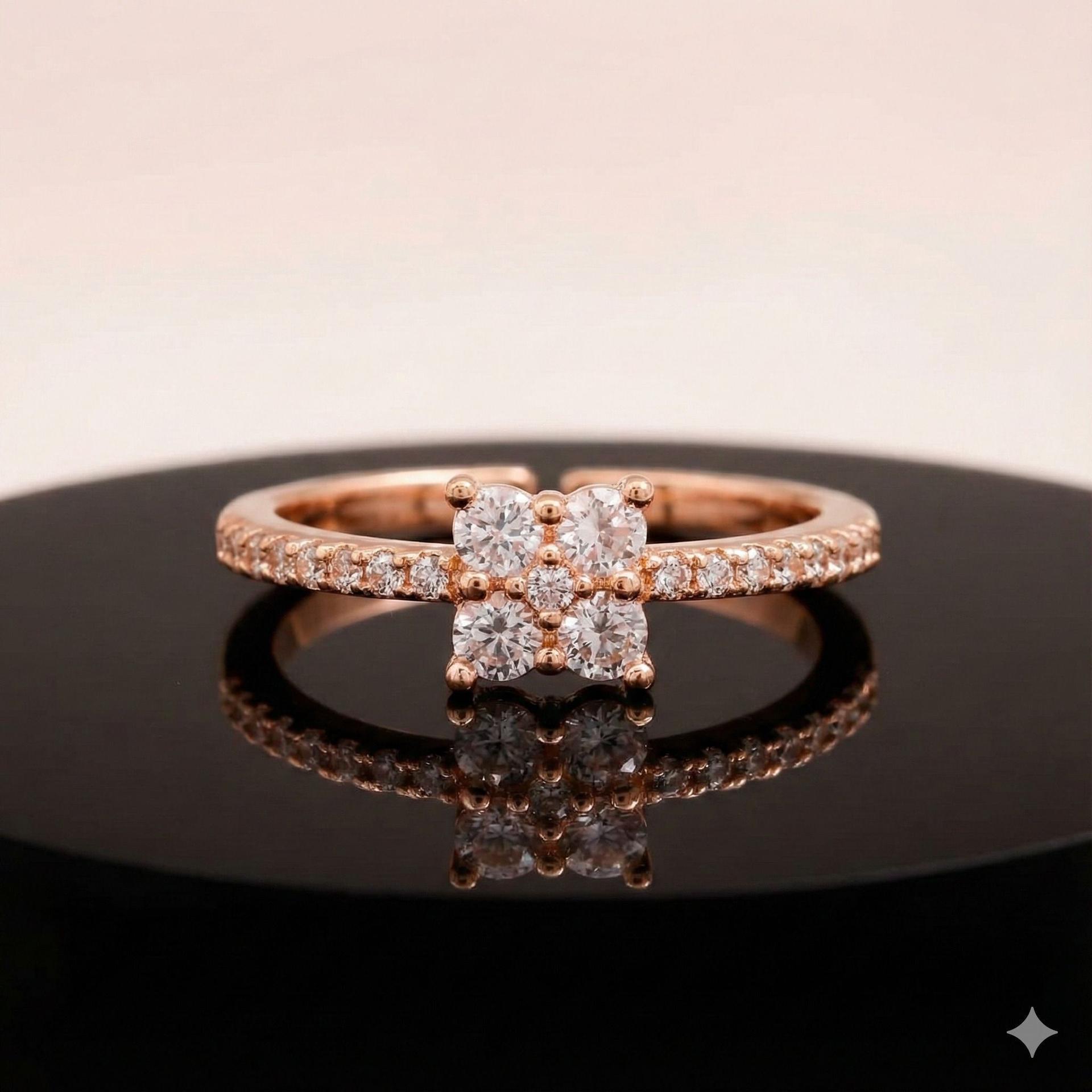 Forevershine Anti Tarnish Rose Gold Cluster Ring With Four Stone Cubic Zirconia Design | Pave Band Engagement Style | Lightweight Hypoallergenic Jewellery Gift For Women & Girls