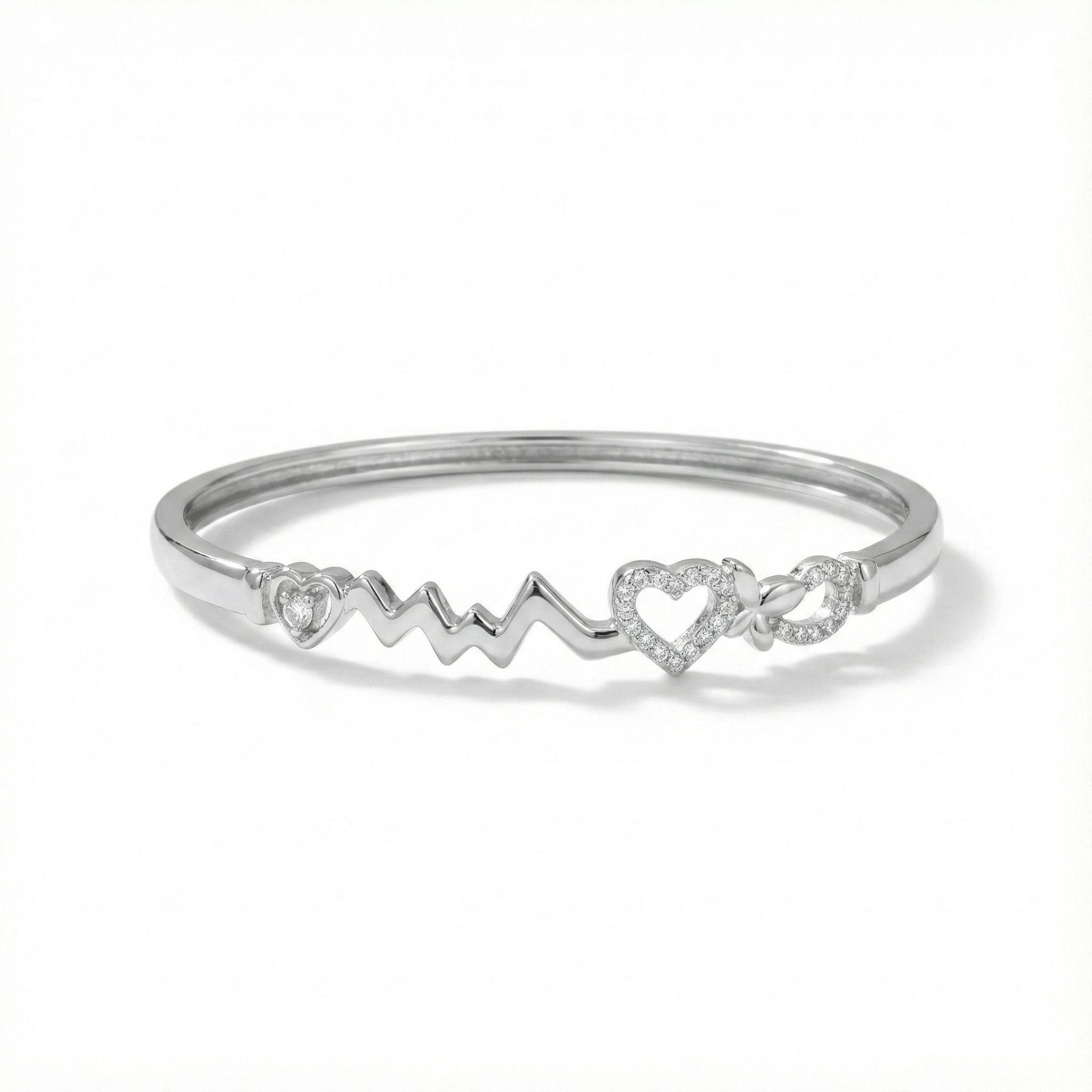 Forevershine Rhodium Plated Bracelet, Alloy, Women & Girls, Heartbeat Pulse & Heart Design With American Diamond, Free Size - Image 4