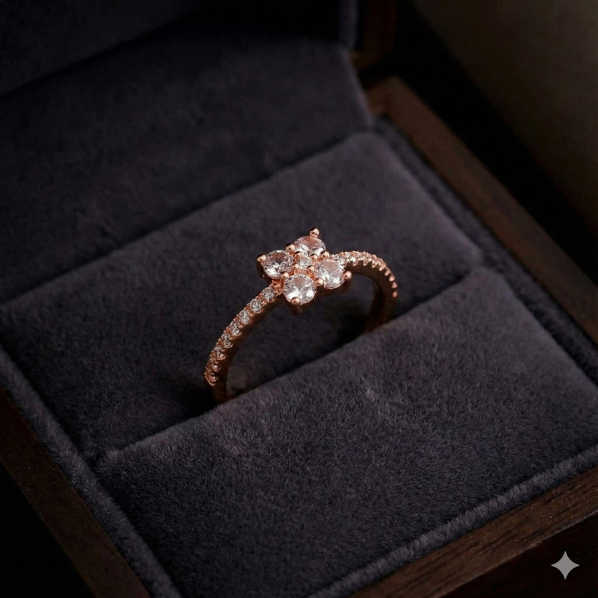 Forevershine Anti Tarnish Rose Gold Cluster Ring With Four Stone Cubic Zirconia Design | Pave Band Engagement Style | Lightweight Hypoallergenic Jewellery Gift For Women & Girls - Image 3