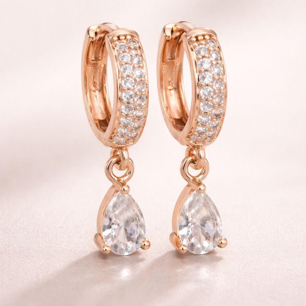 Forevershine Rose Gold Hoop Earrings With Pear-Shaped Drop, Pavé Cubic Zirconia, Dangle Earrings For Women & Girls
