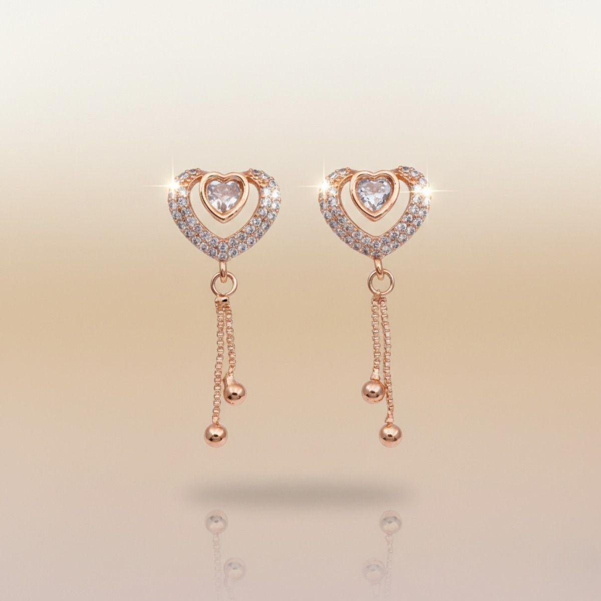 Forevershine Rose Gold Heart Earrings With Crystal Stones, Dangle Drop Design, Chain Tassel With Beads | Cubic Zirconia Stone Studded Designer Tops Latkan Drop Earrings | Star Motif Party & Daily Jewellery For Women & Girls
