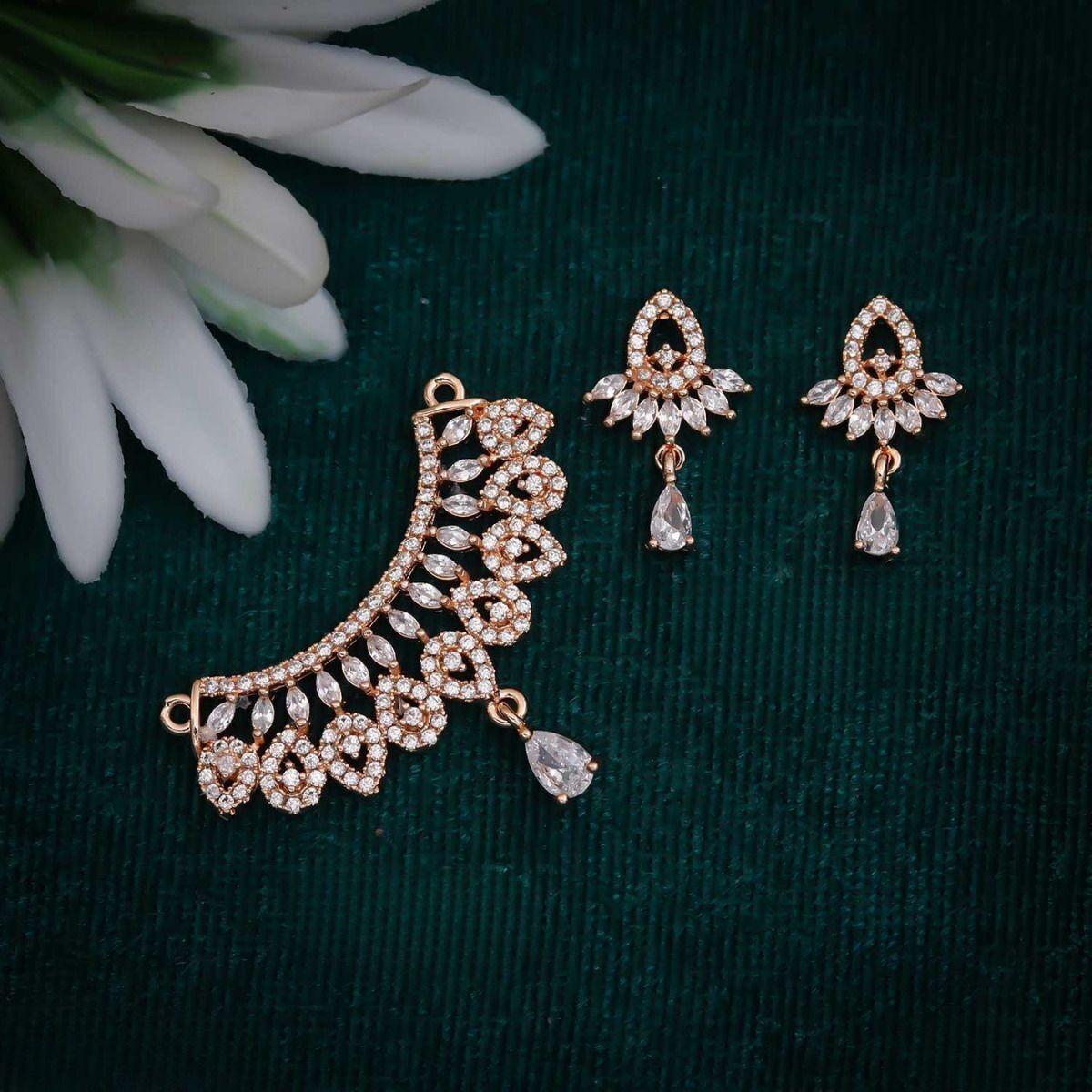 Forevershine Rose Gold Plated Cubic Zirconia Stone Studded Chain Pendant Necklace With Matching Earrings Jewellery Set For Women - Image 2