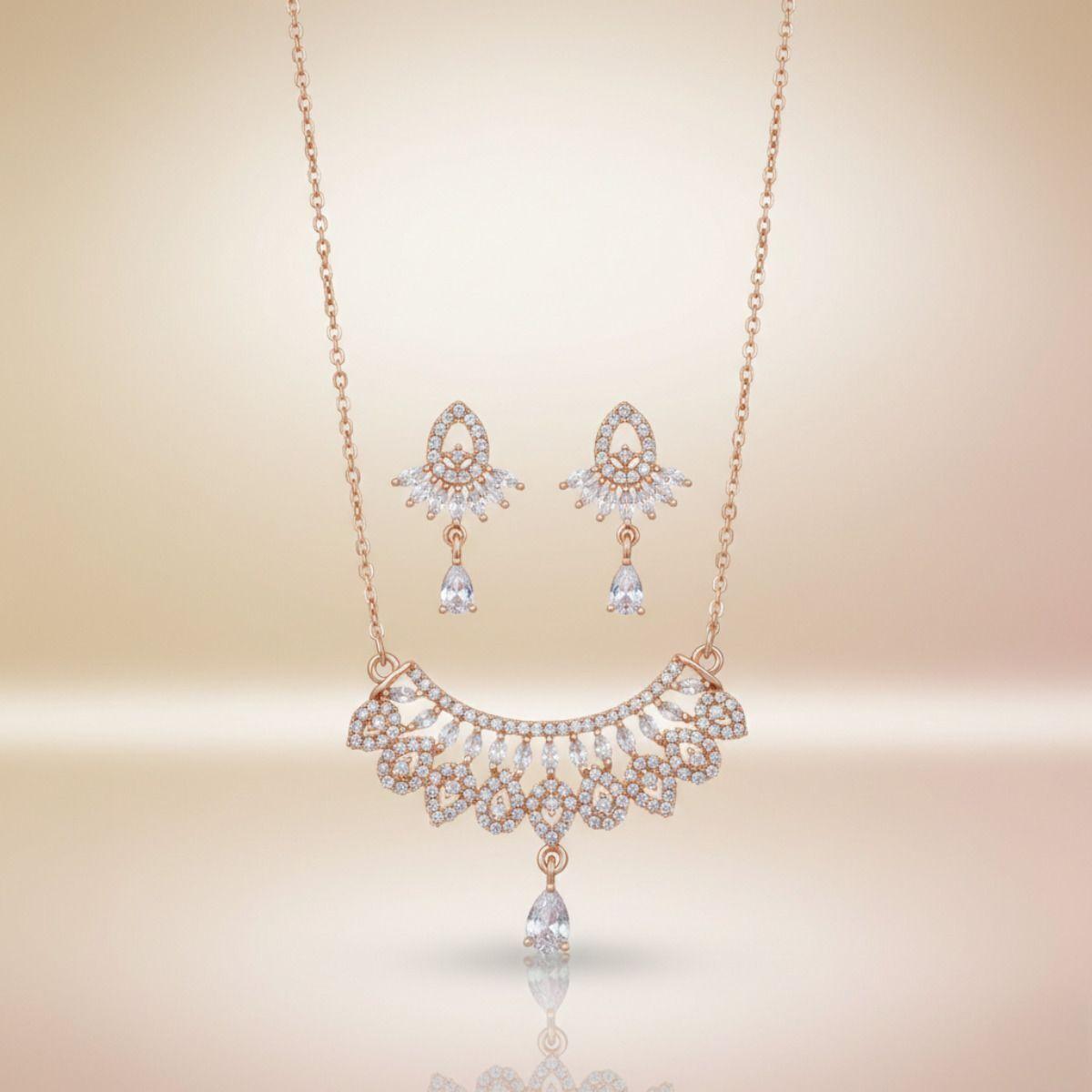 Forevershine Rose Gold Plated Cubic Zirconia Stone Studded Chain Pendant Necklace With Matching Earrings Jewellery Set For Women