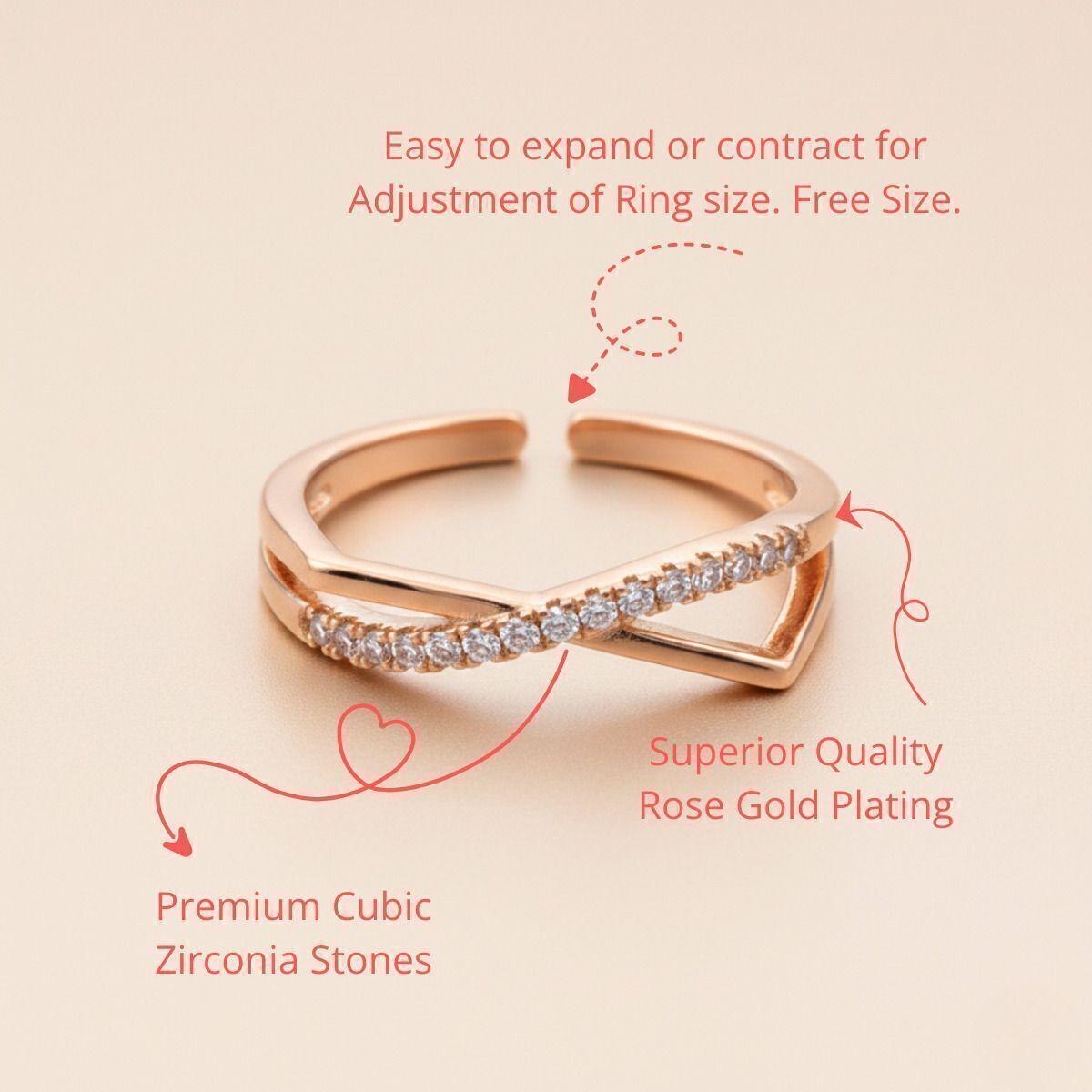Forevershine Rose Gold Plated Adjustable Cubic Zirconia Twisted Crossover Ring For Women & Girls | Crystal Studded Open Band Fashion Finger Ring | Lightweight Hypoallergenic Jewellery Gift - Image 4