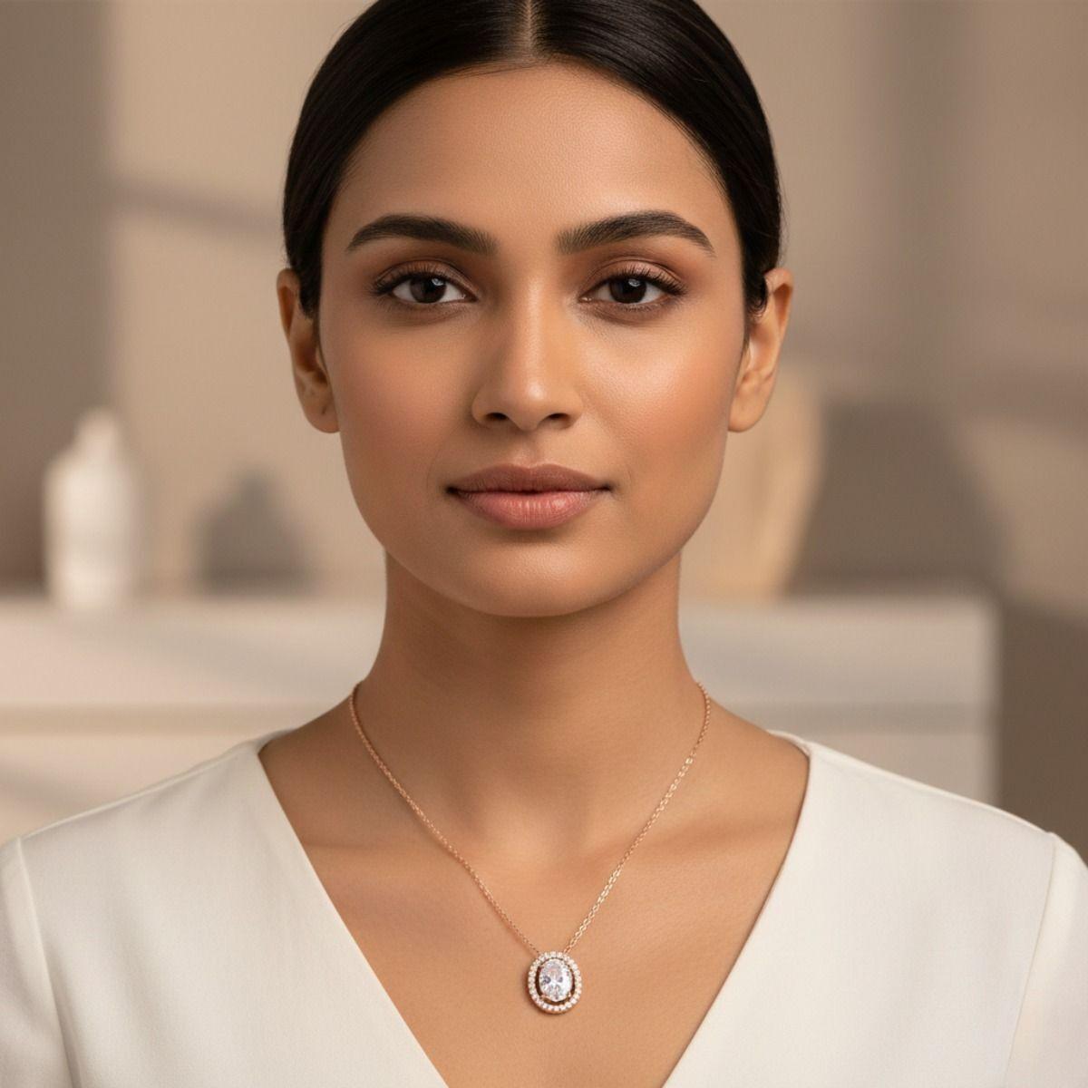 Forevershine Rose Gold Plated Oval Halo Pendant Necklace For Women With Cubic Zirconia Stones | Elegant Chain Necklace Stylish Party Jewelry Gift For Girls Birthday Anniversary Accessory - Image 2