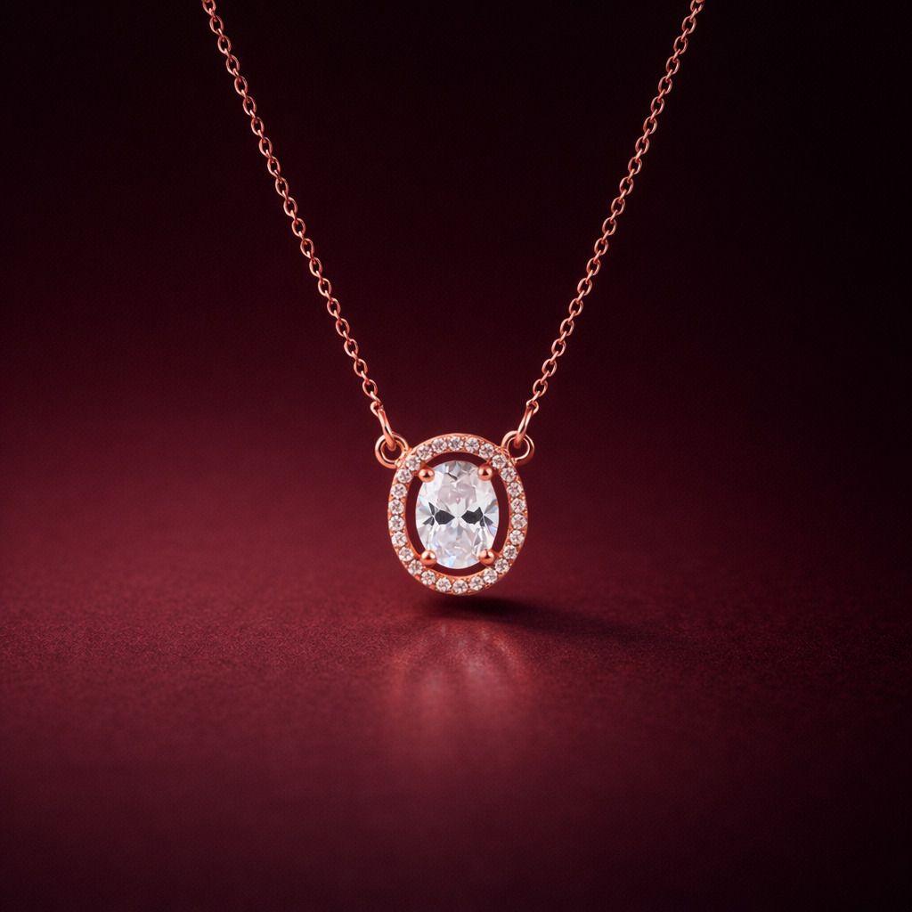 Forevershine Rose Gold Plated Oval Halo Pendant Necklace For Women With Cubic Zirconia Stones | Elegant Chain Necklace Stylish Party Jewelry Gift For Girls Birthday Anniversary Accessory - Image 3