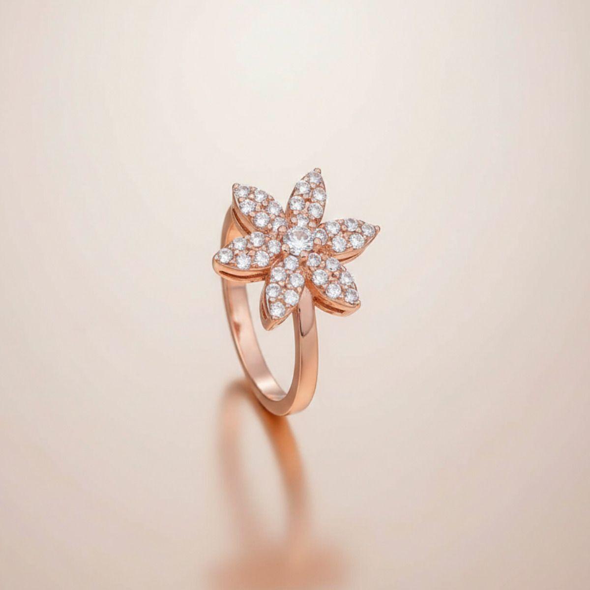 Forevershine Rose Gold Flower Adjustable Finger Ring For Women & Girls | Cubic Zirconia Floral Crystal Studded Open Band Fashion Ring | Elegant Party Jewellery Gift
