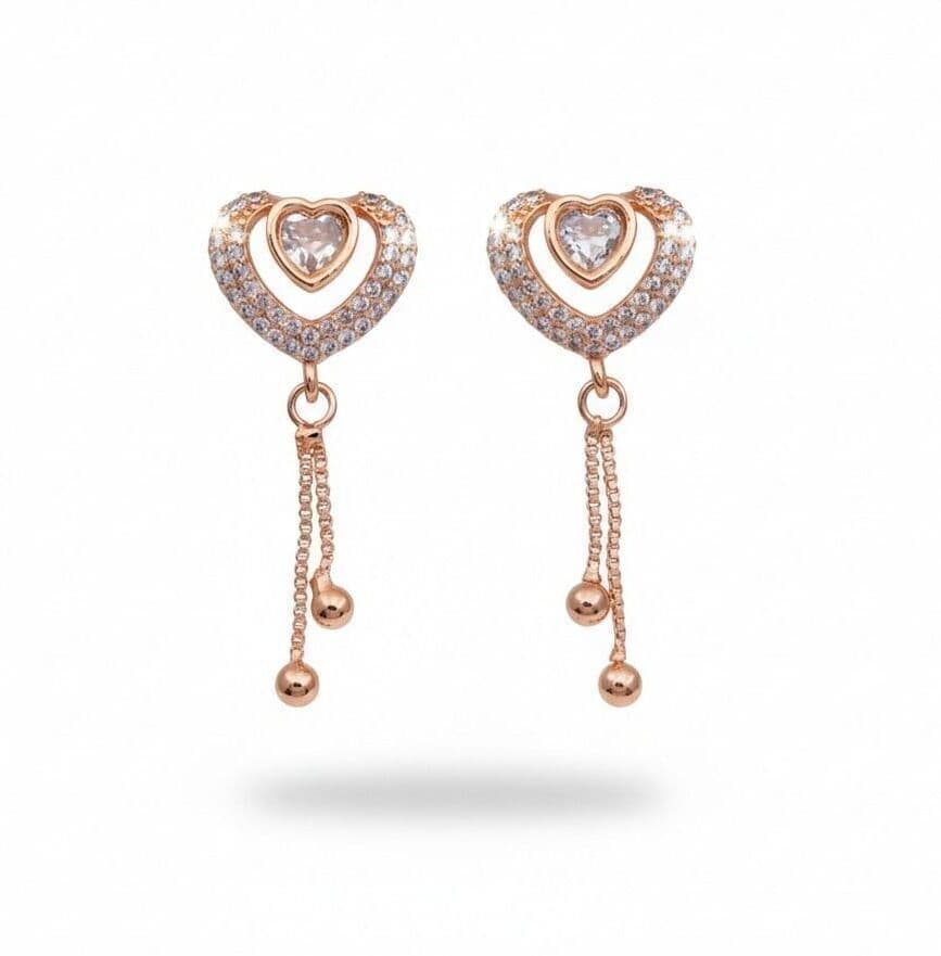 Forevershine Rose Gold Heart Earrings With Crystal Stones, Dangle Drop Design, Chain Tassel With Beads | Cubic Zirconia Stone Studded Designer Tops Latkan Drop Earrings | Star Motif Party & Daily Jewellery For Women & Girls - Image 4