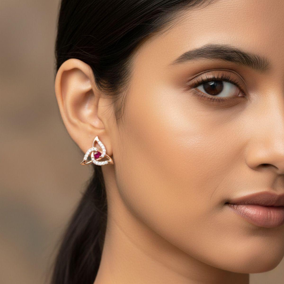 Forevershine Rose Gold Plated Cubic Zirconia & Red Stone Stud Earrings For Women | Designer Crystal Studs | Elegant Party Fashion Jewellery