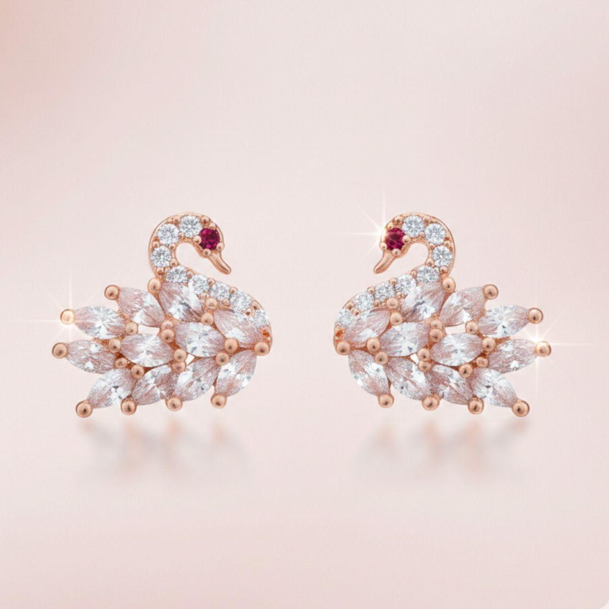 Forevershine Swan Design Cubic Zirconia Stud Earrings For Women | Rose Gold Tone Cz Stone Top Earrings | Small Elegant Jewellery