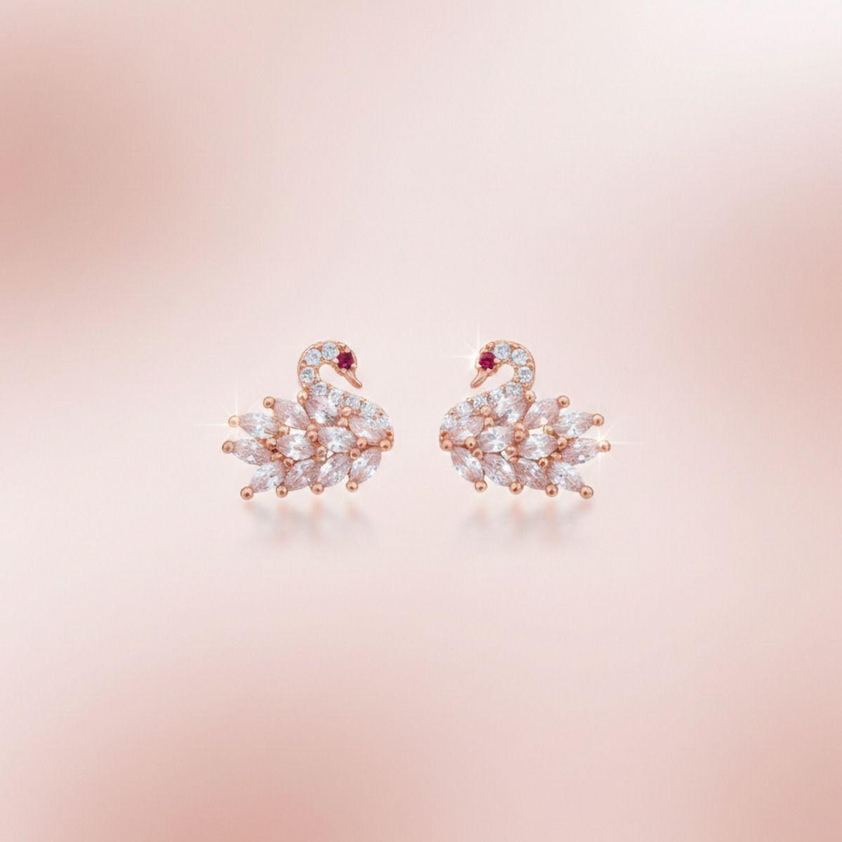 Forevershine Swan Design Cubic Zirconia Stud Earrings For Women | Rose Gold Tone Cz Stone Top Earrings | Small Elegant Jewellery - Image 3