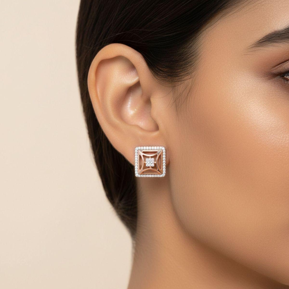 Forevershine Rose Gold Dual Tone Square Cz Stud Earrings For Women | Cubic Zirconia Stone Studded Geometric Tops | Elegant Daily & Party Jewellery - Image 2
