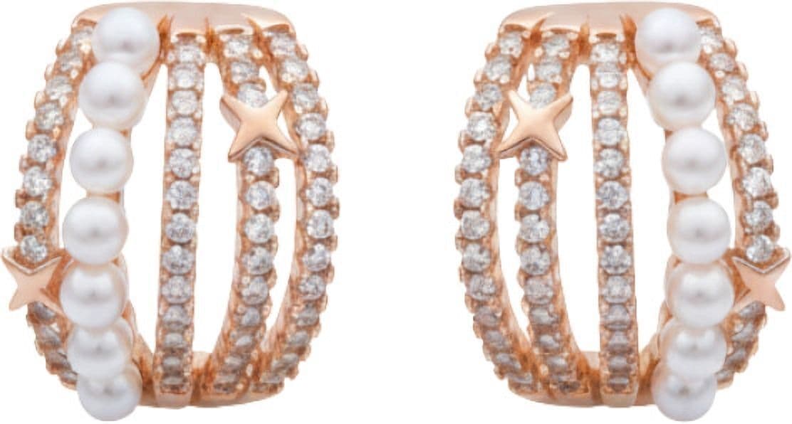 Forevershine Rose Gold Pearl Cz Hoop Earrings For Women | Cubic Zirconia Stone Studded Designer Tops | Star Motif Party & Daily Jewellery - Image 3